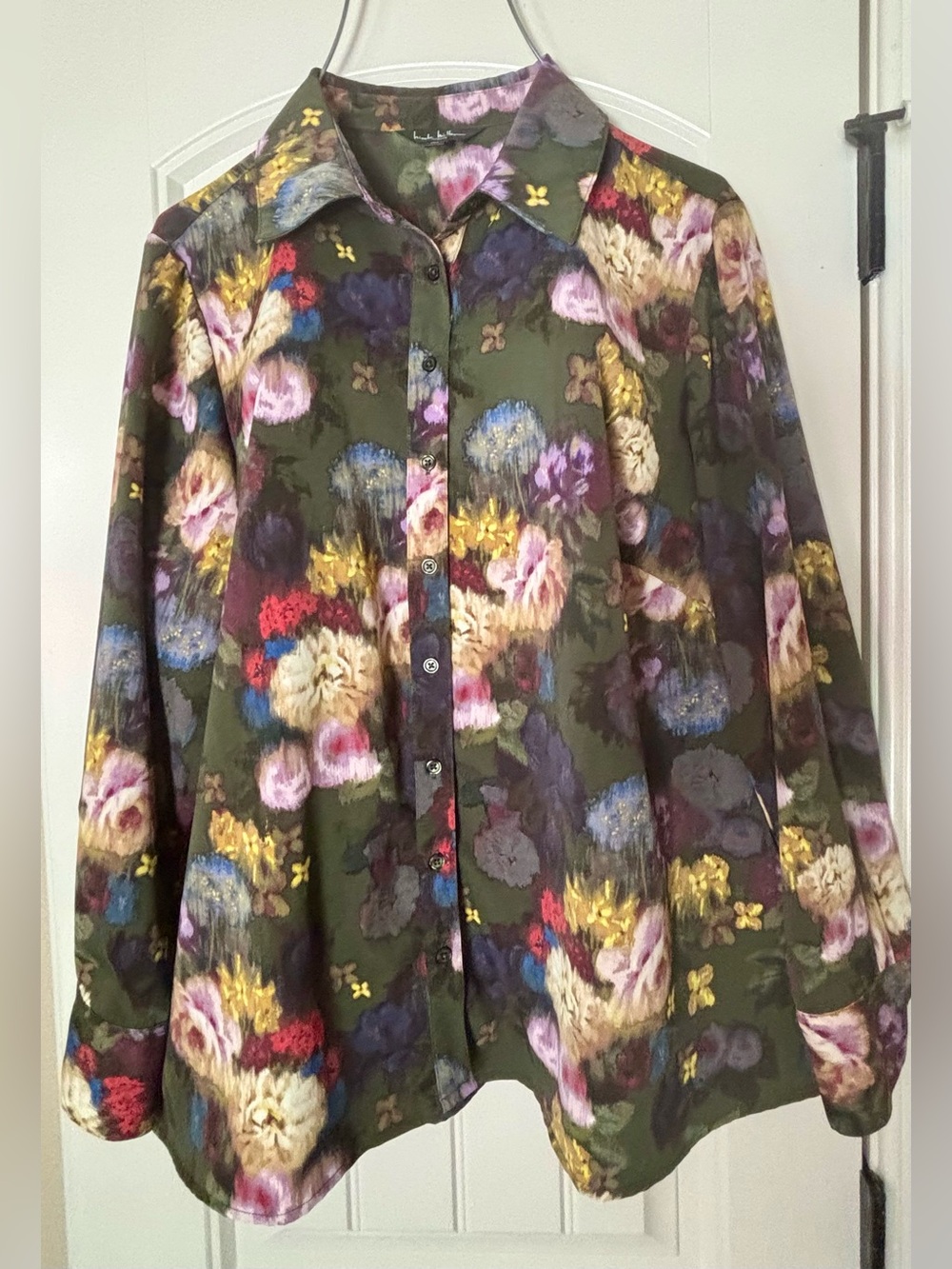 Nicole Miller Olive Green Floral Button-Up Shirt with Multicolor Blooms